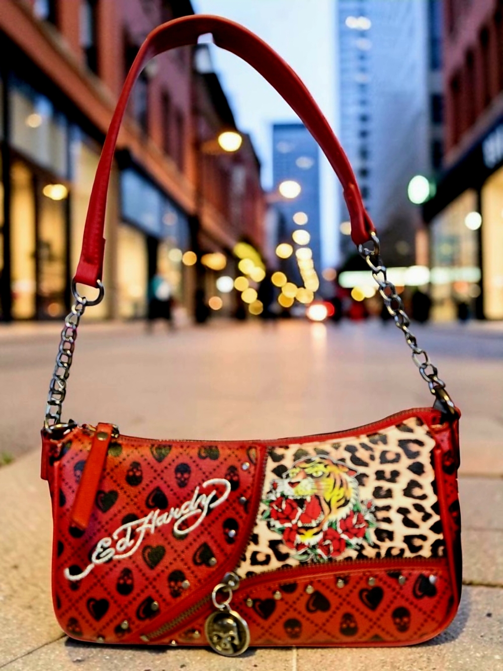 NEW Ed Hardy Y2K Red Black Leopard Print Tiger Shoulder Crossbag Bag 10"x5.5x2.5